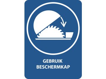 Beschermkap gebruiken om verwondingen door de tafelzaag te voorkomen, met tekst